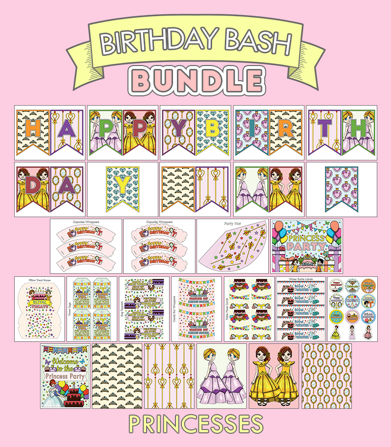 a complete image showing smaller images of all the full color birthday printables with a princess theme