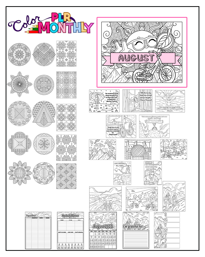 a complete image showing smaller images of all the coloring pages in a package about cycling in the park and hiking in the mountains