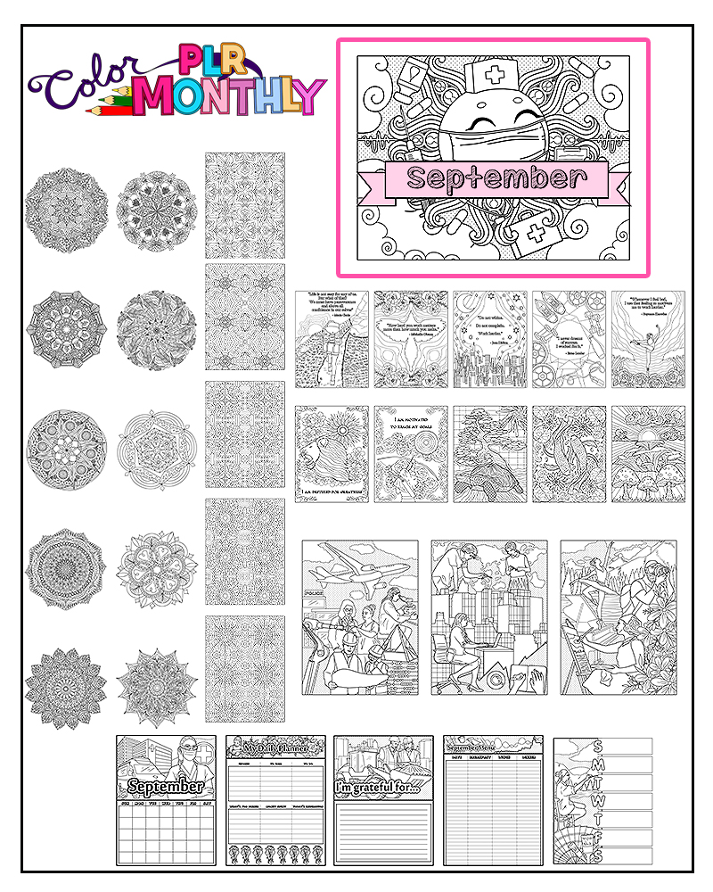 a complete image showing smaller images of all the coloring pages in a package about different careers and animals