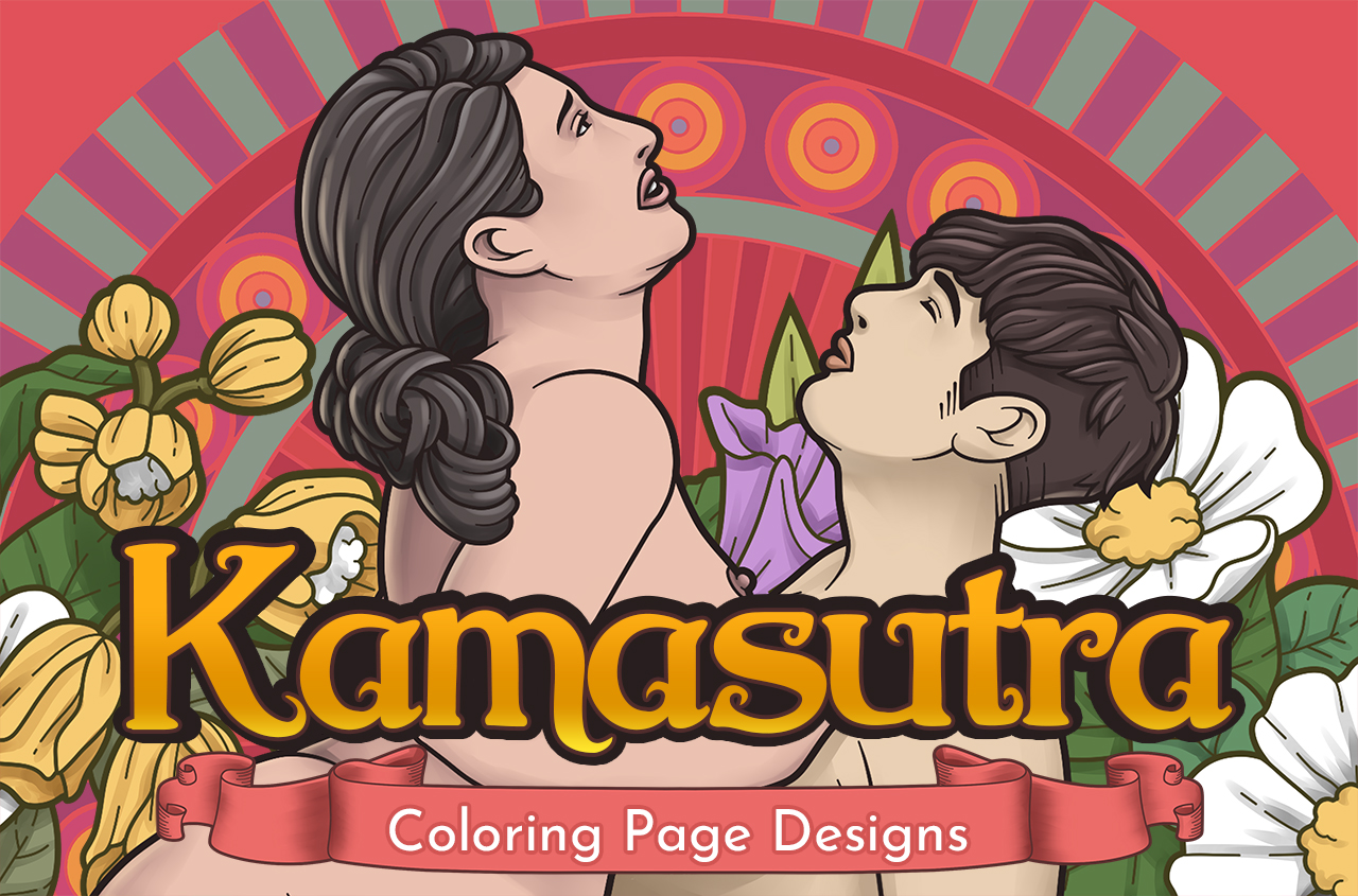 an image with a man and a woman having sexual intercourse with flowers around them, with the title of the product "Kamasutra Coloring Page Designs"