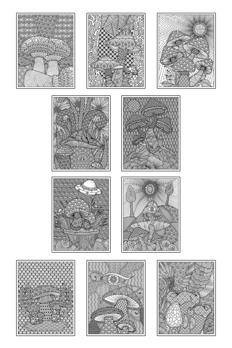 a complete image showing smaller images of all the coloring pages in a package about psychedelic art in zen style