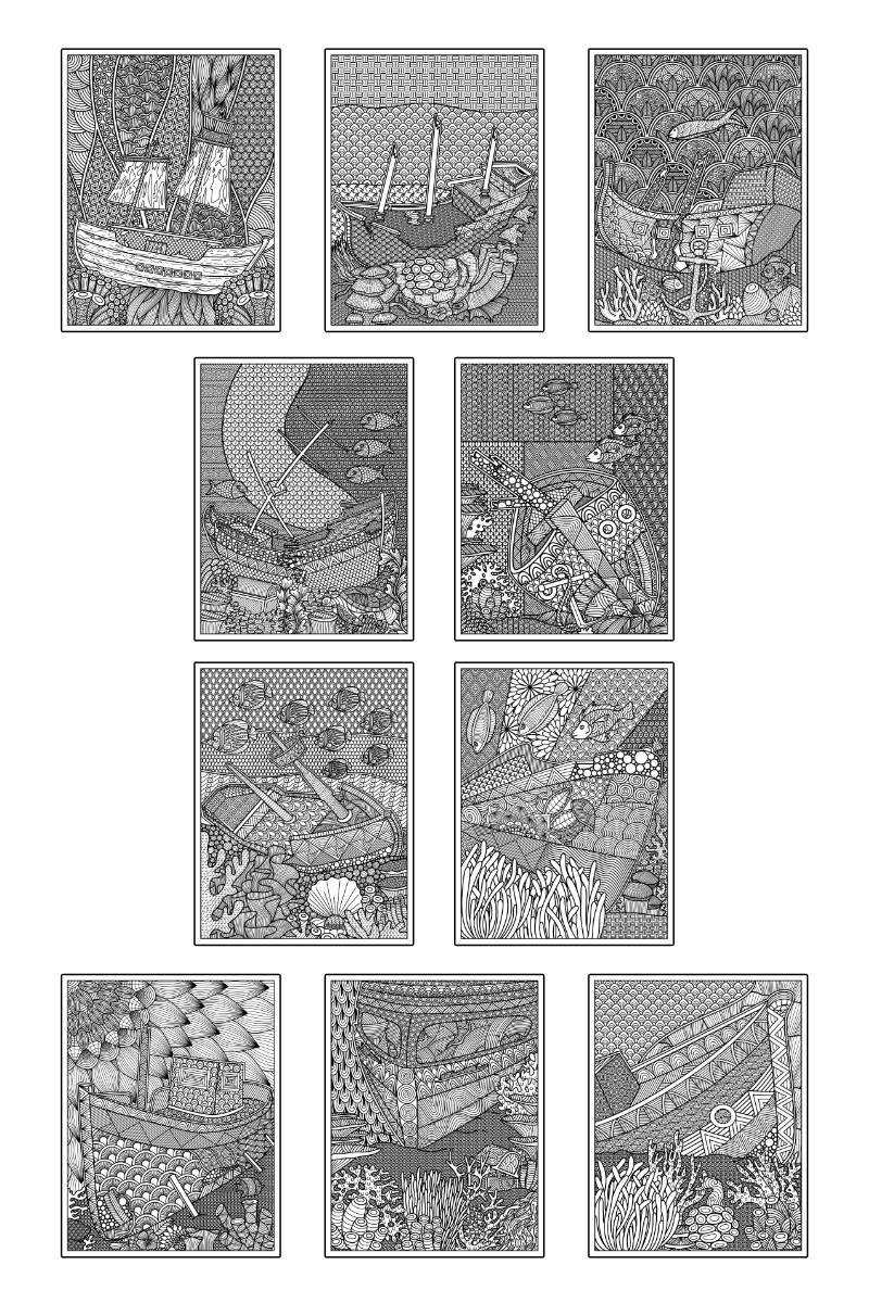a complete image showing smaller images of all the coloring pages in a package about shipwrecks in zen art