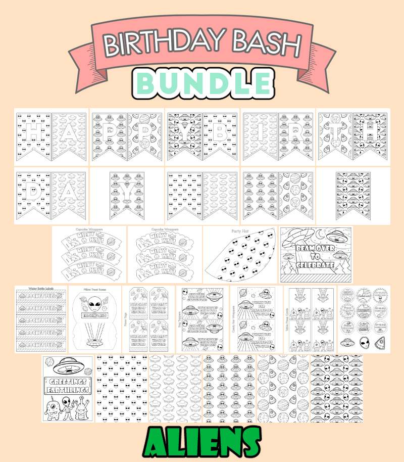 a complete image showing smaller images of all the coloring birthday printables with an alien theme