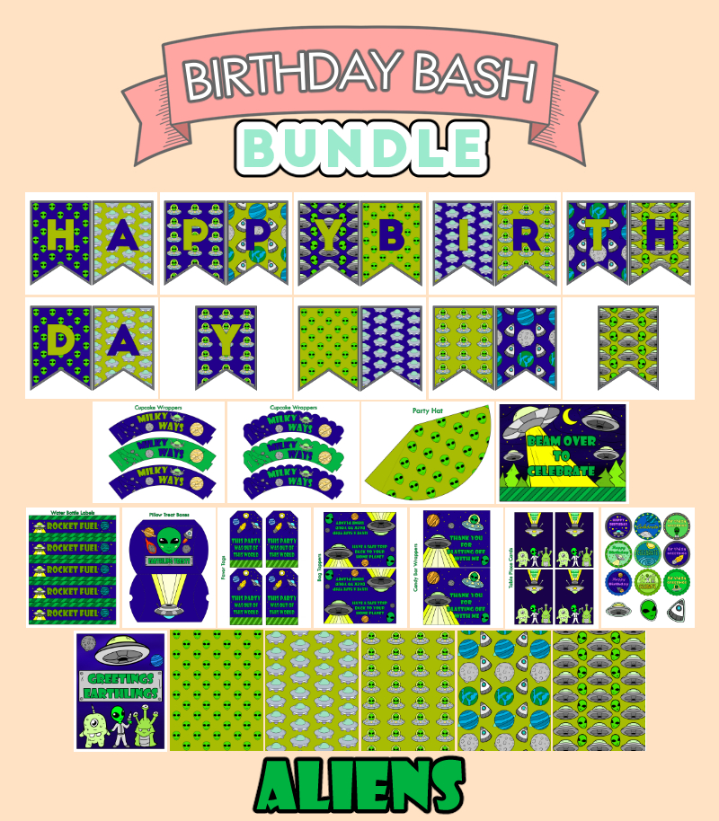 a complete image showing smaller images of all the full color birthday printables with an alien theme
