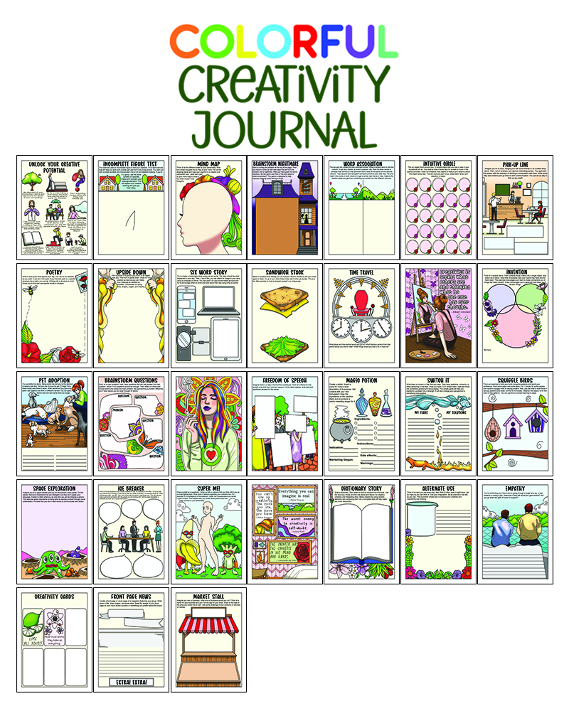 a complete image showing smaller images of all the full color pages in journal package about creativity