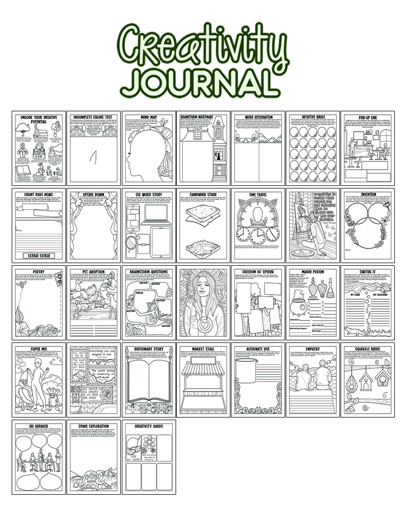 a complete image showing smaller images of all the coloring pages in journal package about creativity